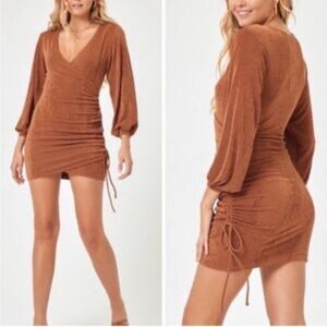 L*Space Melissa Ruched V-Neck Mini Dress Bronze Sexy Club Going Out Size Small